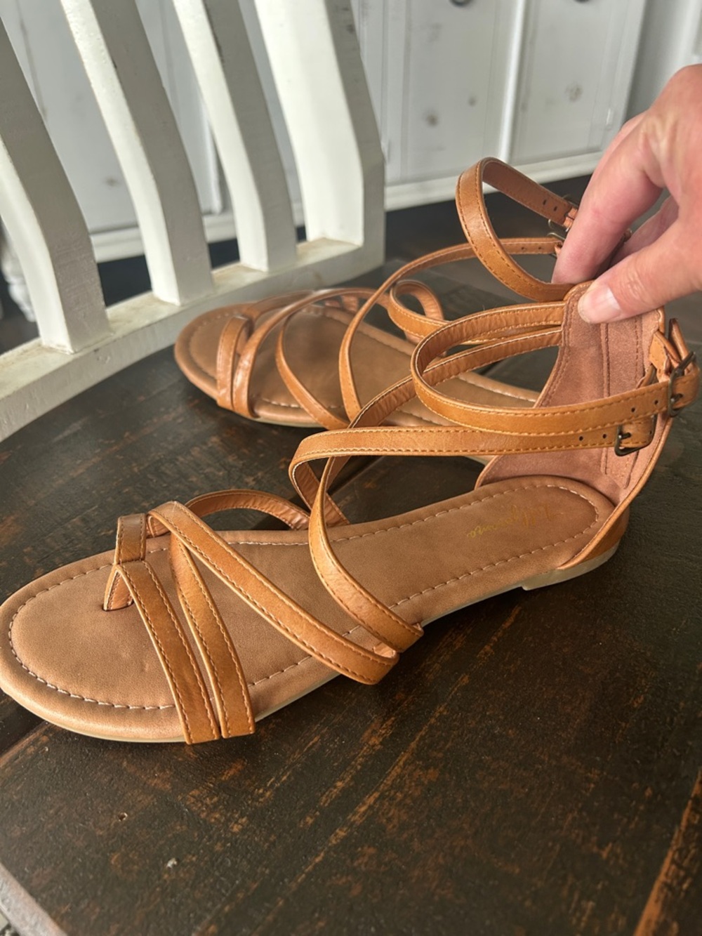 Luffymomo Tan Strappy Ankle-Wrap Sandals, Size 9